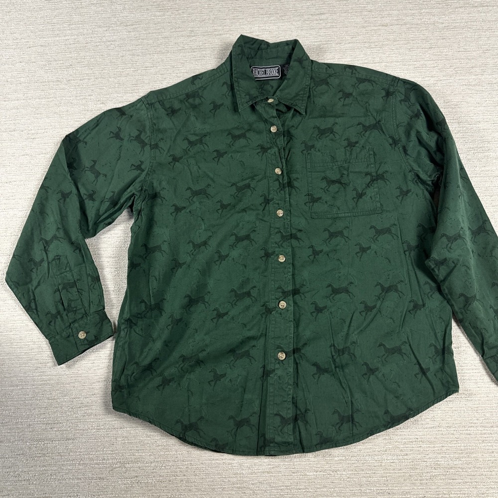 Equestrian Horse Print Western Cottagecore Button Shirt XL Rachel Brooke Green